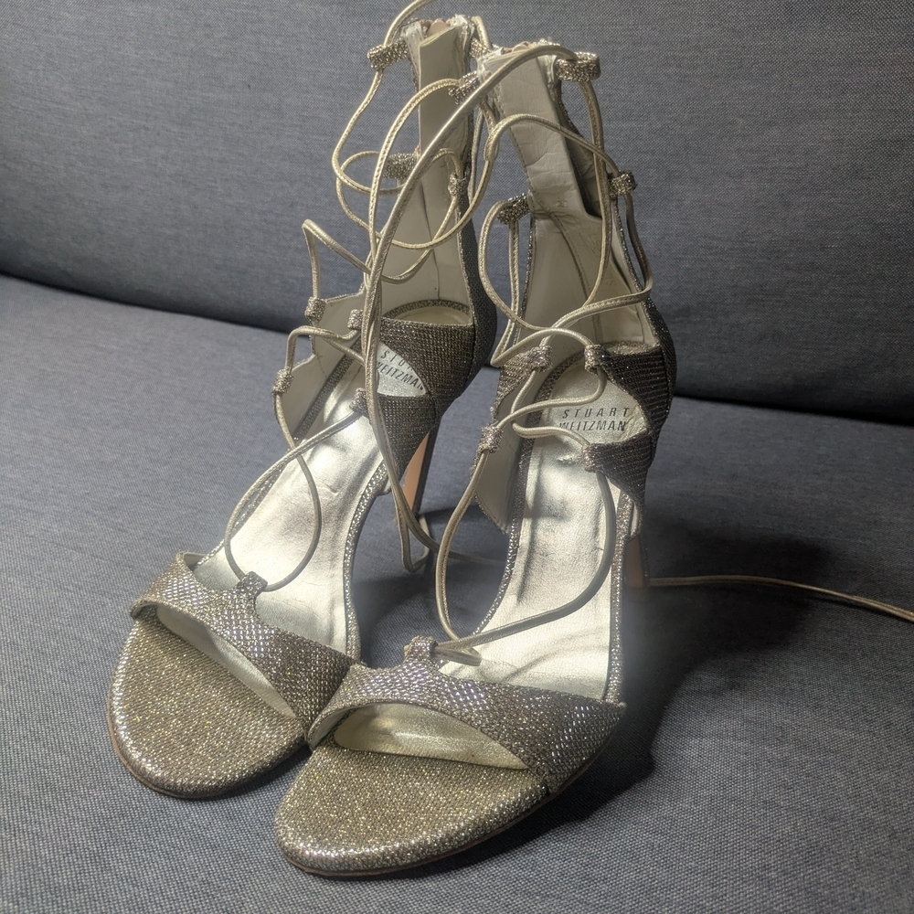 Stuart Weitzman Metallic Silver Crystal Lace-Up Heels Size 6